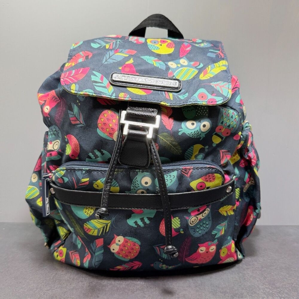 Lily Bloom Owl Print Navy Drawstring Flap Backpack Medium Bag | Travel School